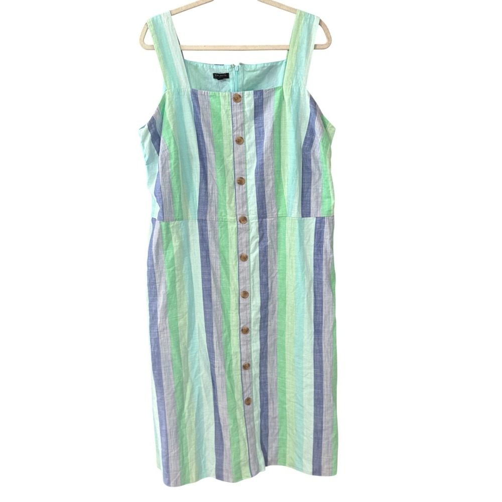 Talbots Plus 18W Blue Green Striped Cotton Midi‎ Dress Light Breathable Pockets